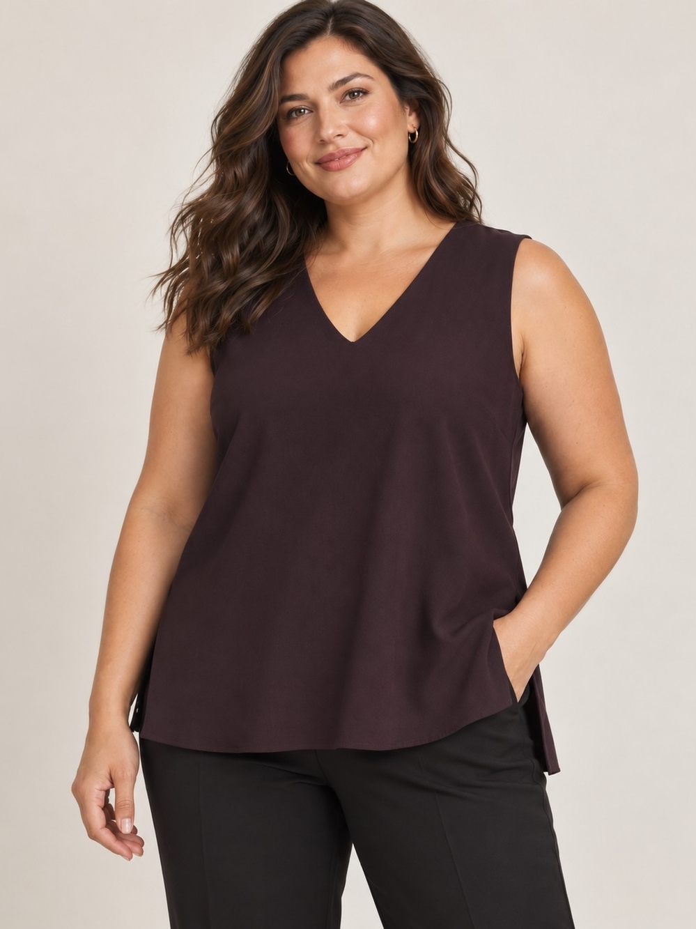 M.M.LaFleur Plum Sleeveless V-Neck Tunic Blouse Plus Size +2 Flawed